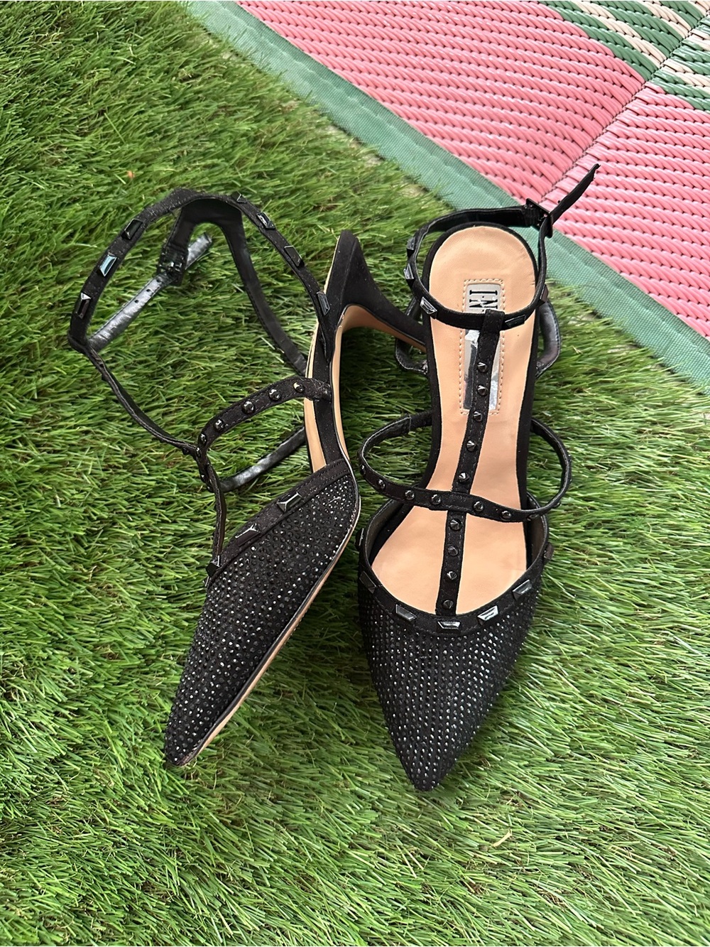 INC International Concepts Black Studded Pointed Toe T-Strap Heels - Picture 4 of 7